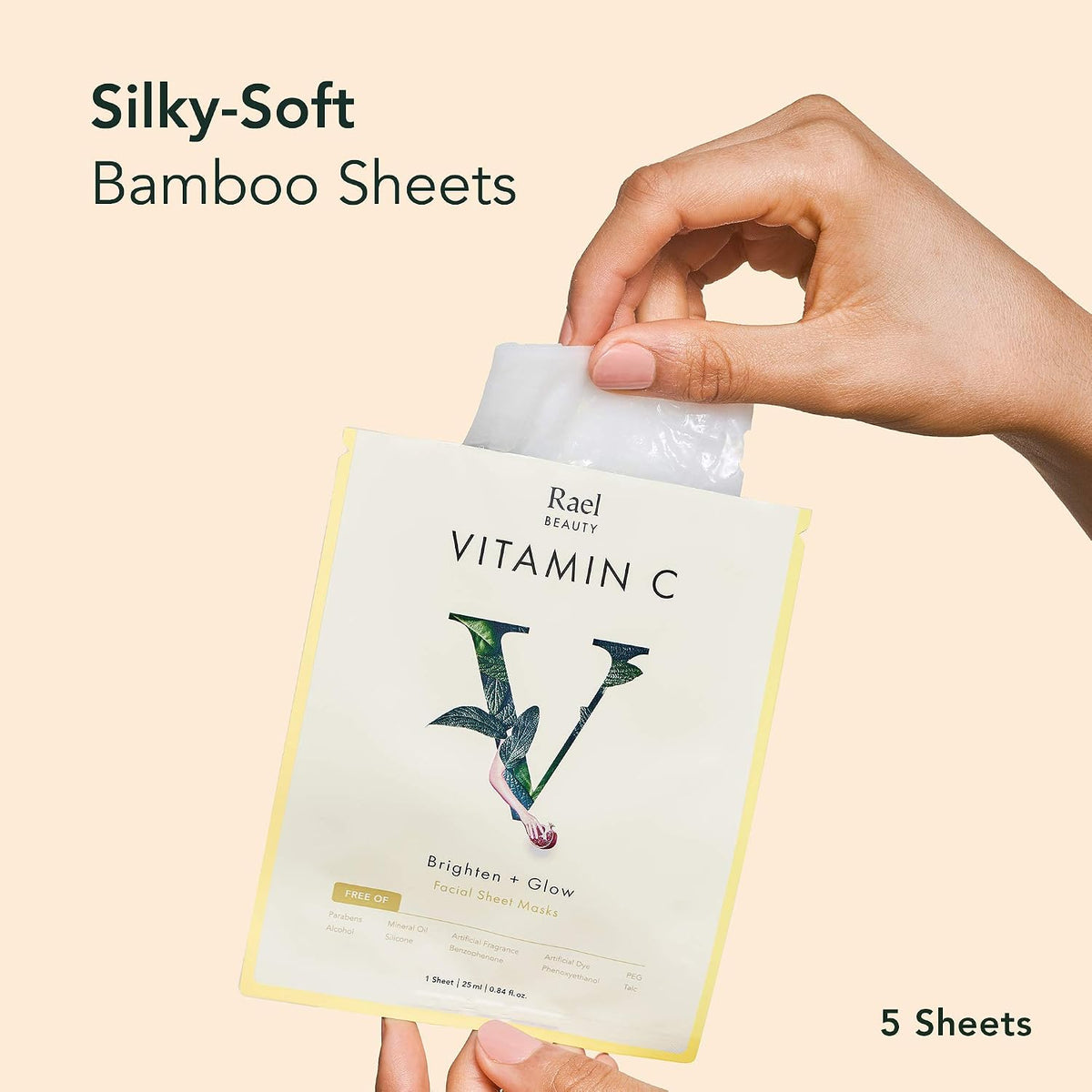 Rael Vitamin C and Tea Tree sheet mask packets arranged neatly to highlight the clean botanical skincare ingredients.