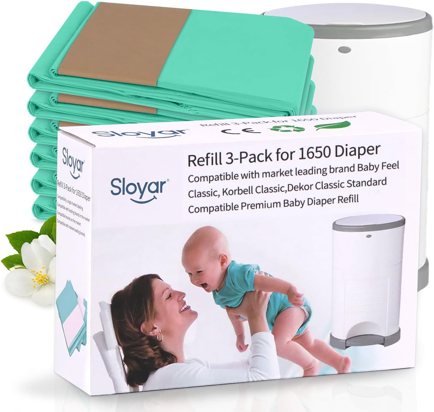 Sloyar diaper pail refills three pack box front view