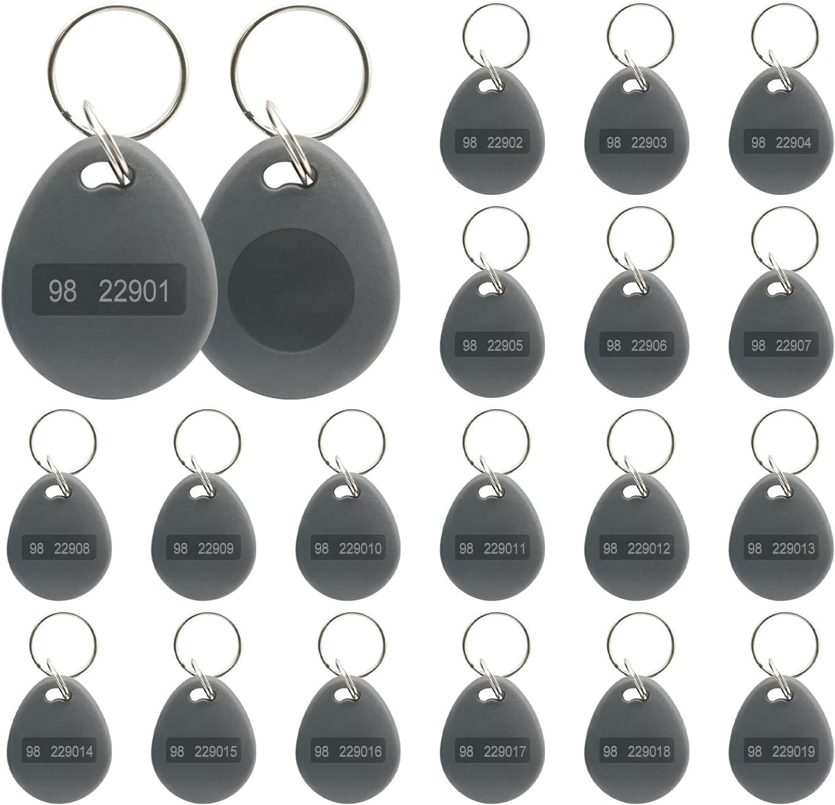 Dcvbny 26 bit prox keyfobs grey pack of 50 front view showing keychain ring attachment