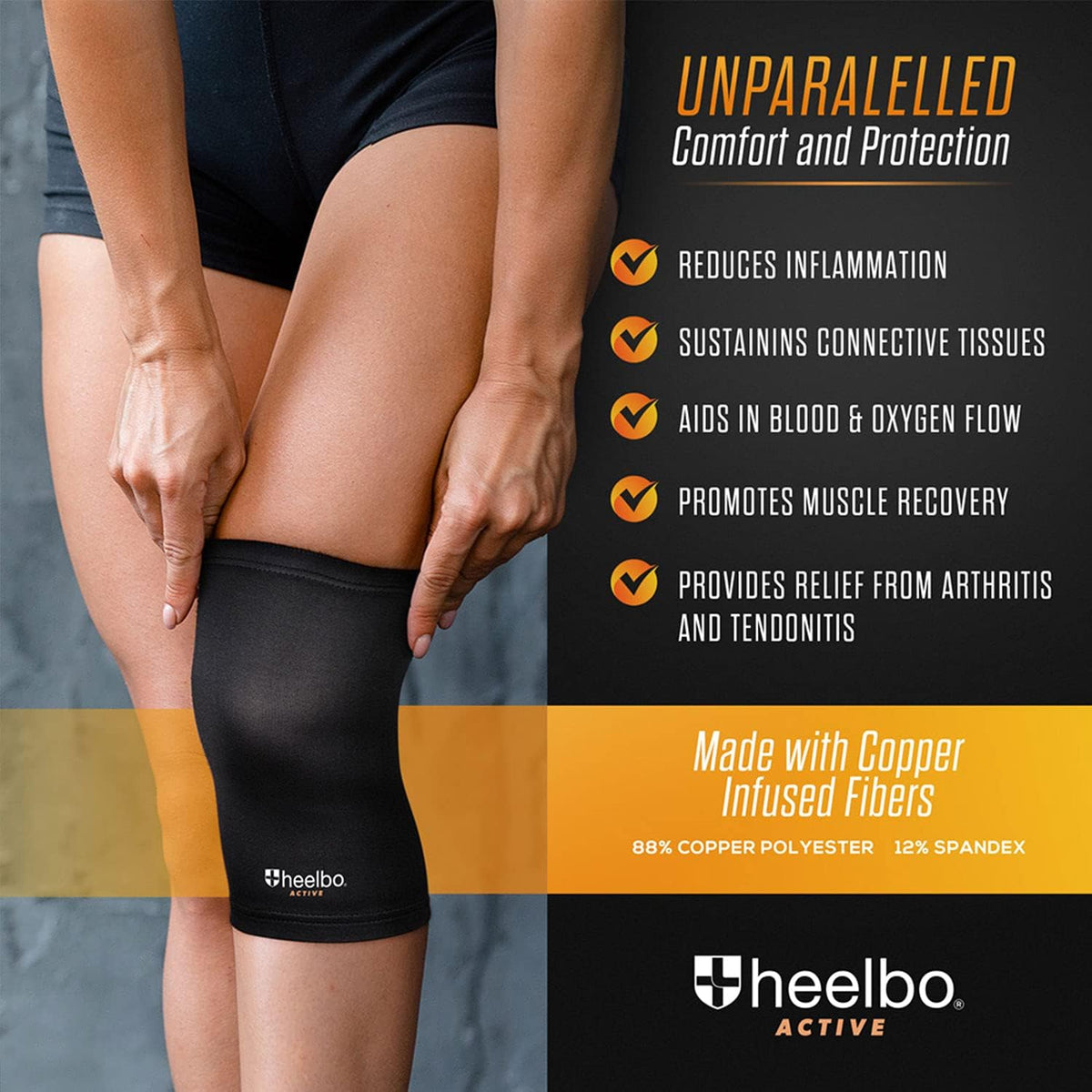 Heelbo copper knee sleeve worn on leg