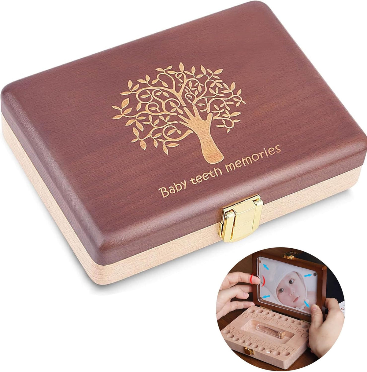 Yukidoke wooden baby tooth keepsake box front view with tree engraving