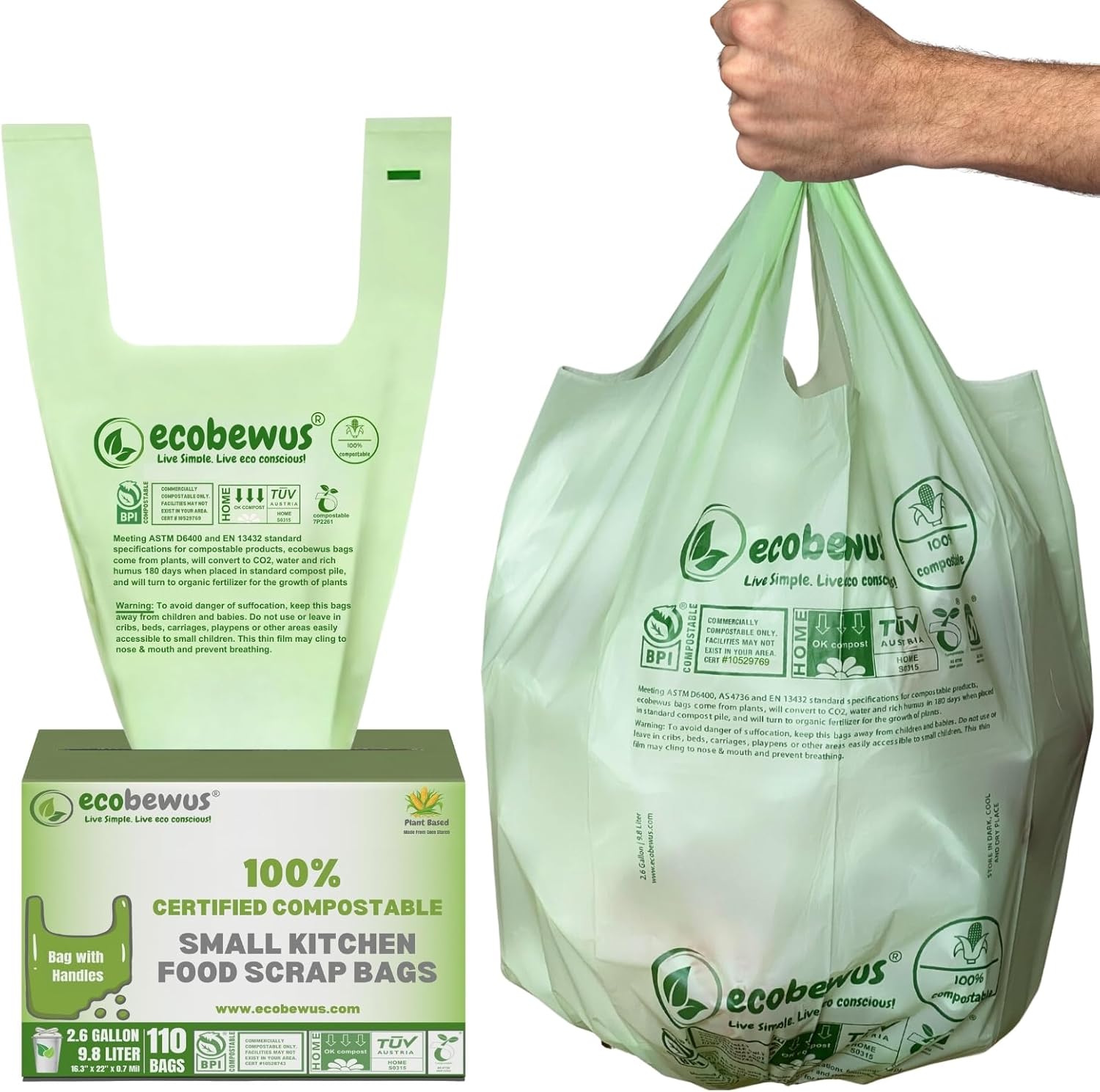 Ecobewus 2.6 Gallon compostable bags with handle ties front view for kitchen food scrap disposal