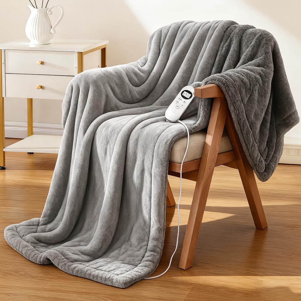 Eastsora electric heated throw blanket folded showing dual-sided gray design
