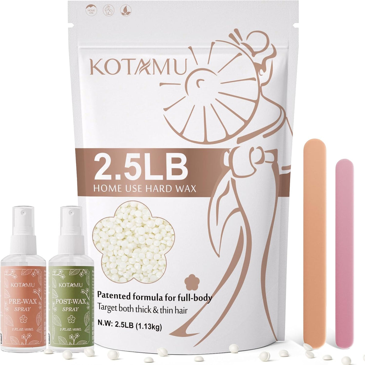 KOTAMU Hard Wax Beads 2.5lb bag front view showing unscented wax beans for sensitive skin hair removal