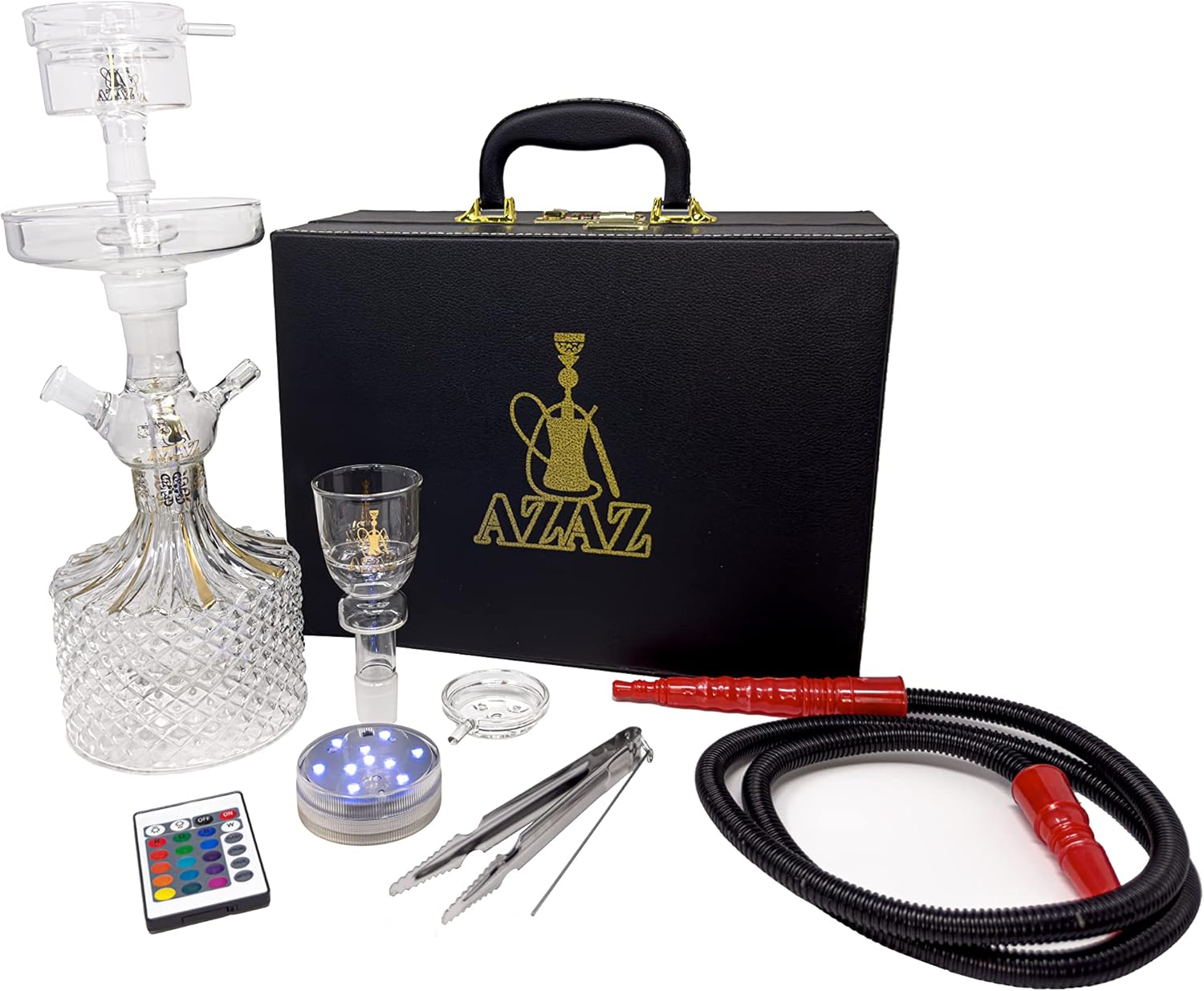 AZAZ Crystal Shisha Luxury Portable Glass Hookah Set with 2 Glass Bowls, 2 Bowl Lid, Charcoal Tray, LED Light with Remote, Charcoal Tongs, Disposable Hookah Hose, and Carrying Case - Image 1