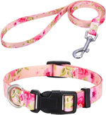 Mihqy dog collar and leash set front view with pink rose floral pattern