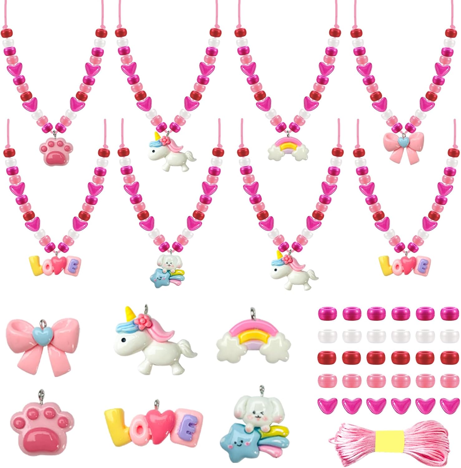 HejVulkan 24 Set Valentines Day Beads Necklace Making Kit front view showcasing colorful pink and red pony beads with heart charms