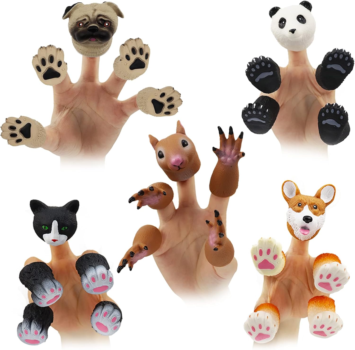 MIMIDOU cute animal finger puppets five piece set front view showing panda and squirrel characters for kids storytelling