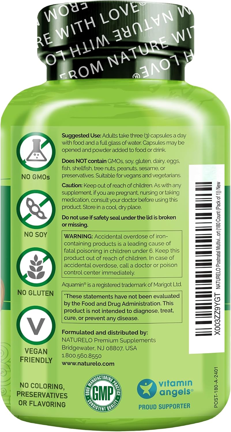 Naturelo postnatal supplement nutrition facts label