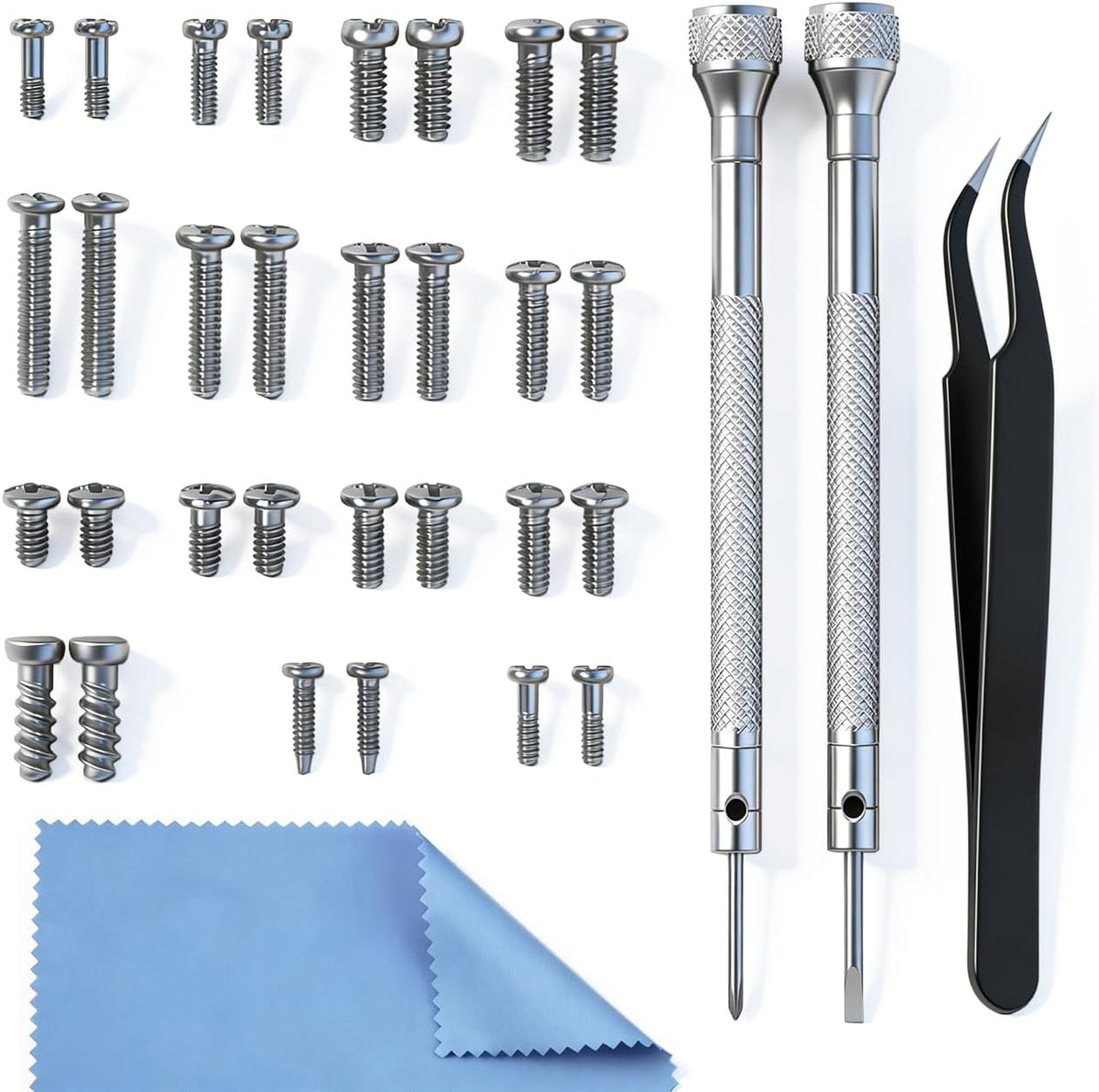 PFDHQS eyeglass repair kit front view showing precision screwdrivers and organized micro screws