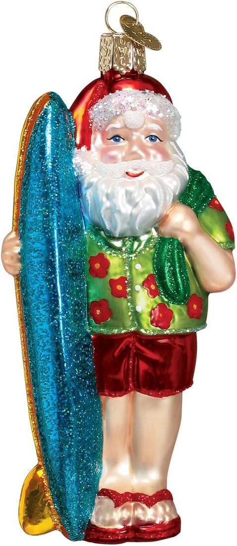 Old World Christmas Surfer Santa ornament front view featuring tropical shirt and blue surfboard