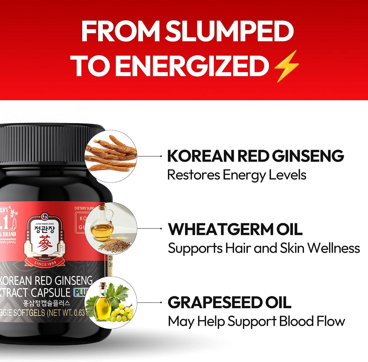 Authentic imported Korean red ginseng capsules for mental focus and stamina.
