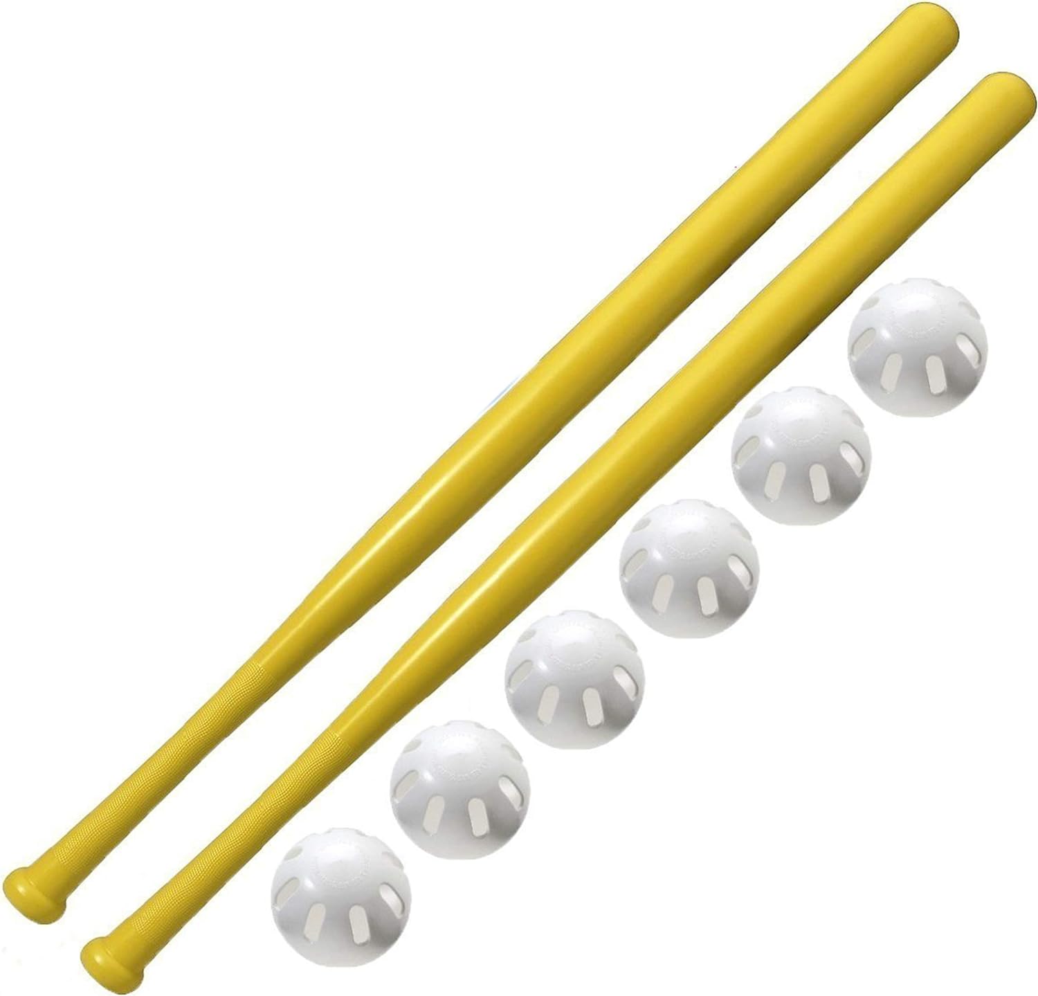 Wiffle Ball 8-piece set including two yellow 32-inch plastic bats and six white perforated baseballs.