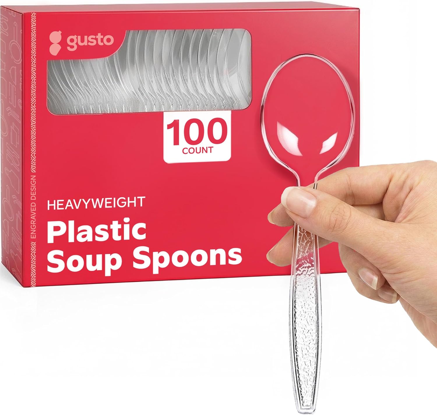 Gusto heavyweight clear plastic soup spoons 100 pack front view