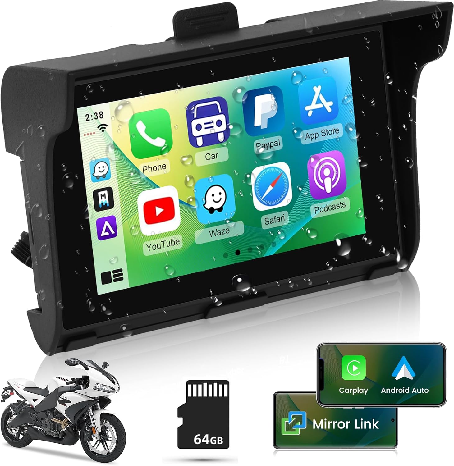 Nhopeew motorcycle wireless carplay touchscreen front view mounted on handlebars.