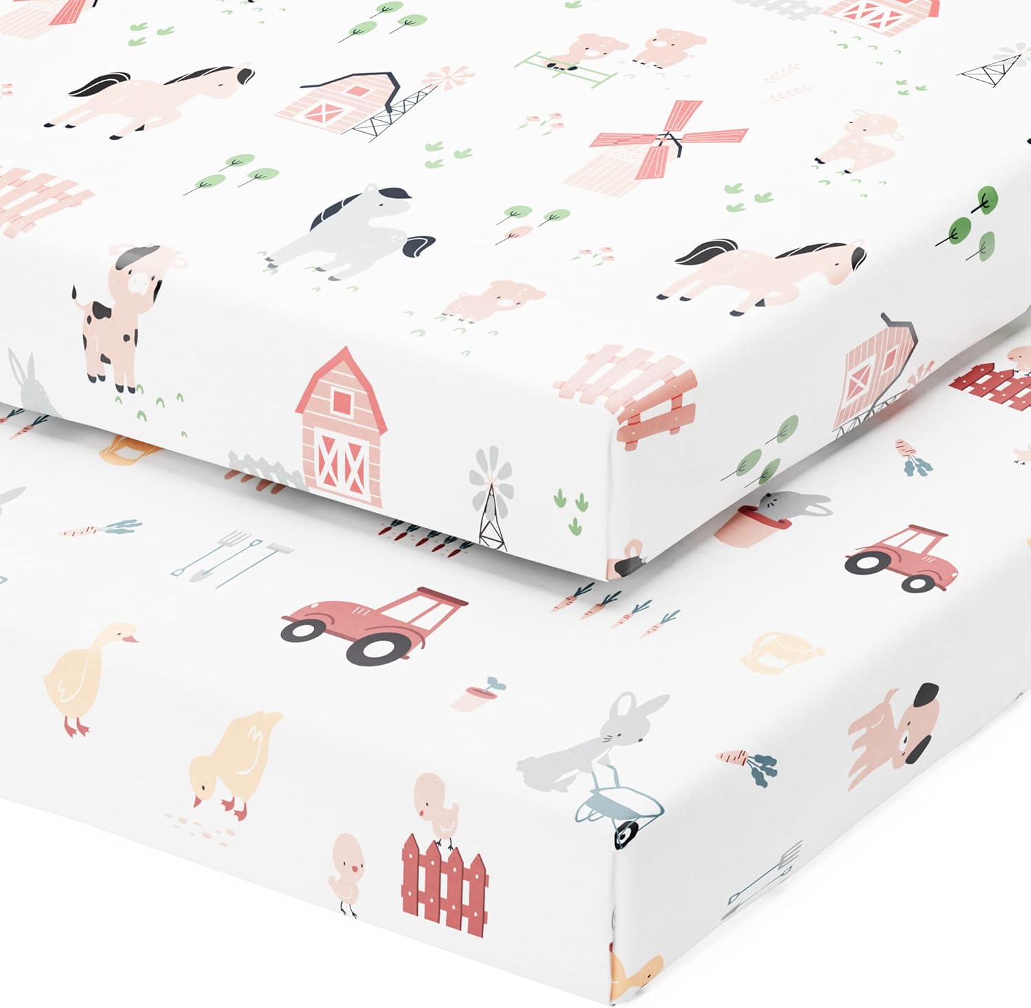 Joey + Joan Pack and Play Fitted Sheets front view showcasing the farm animals pattern