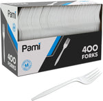PAMI Medium-Weight Disposable Plastic Forks front view bulk pack