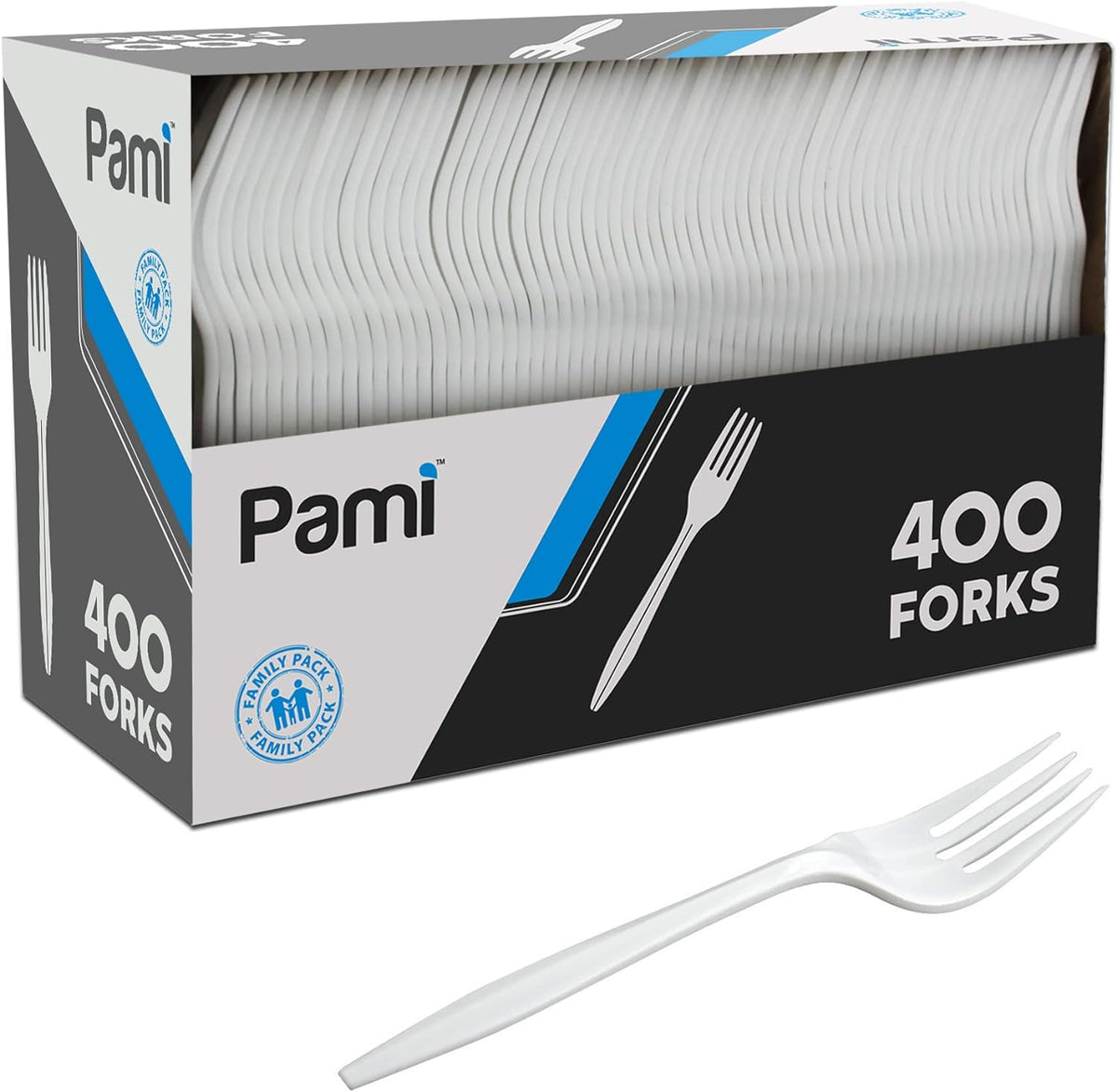 PAMI Medium-Weight Disposable Plastic Forks front view bulk pack