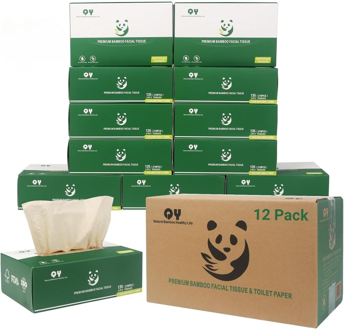 QingYa Unbleached Bamboo Facial Tissues 12 box bulk pack front view