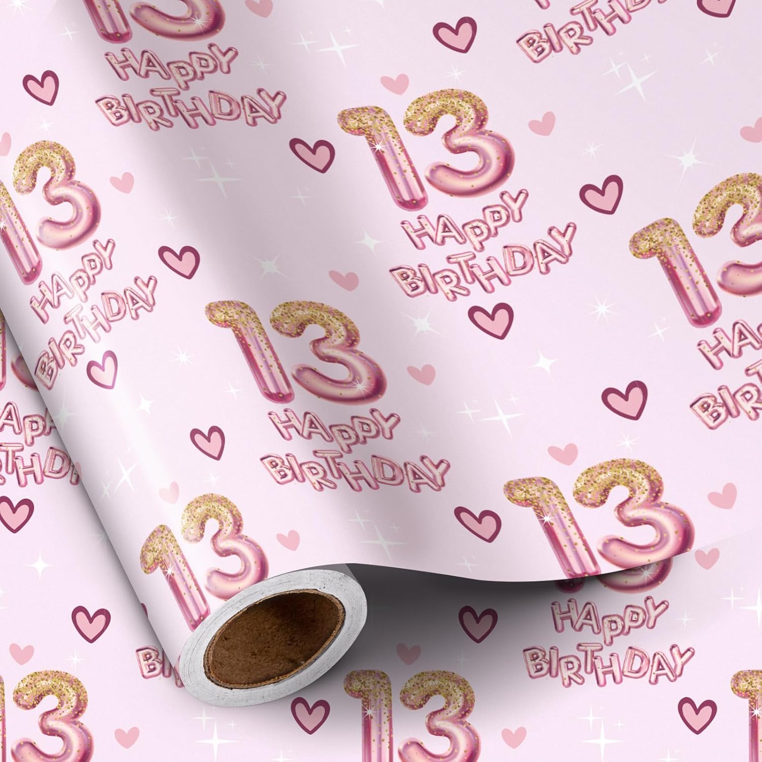 RUSPEPA 13th birthday wrapping paper mini roll front view showing pink number thirteen balloons pattern