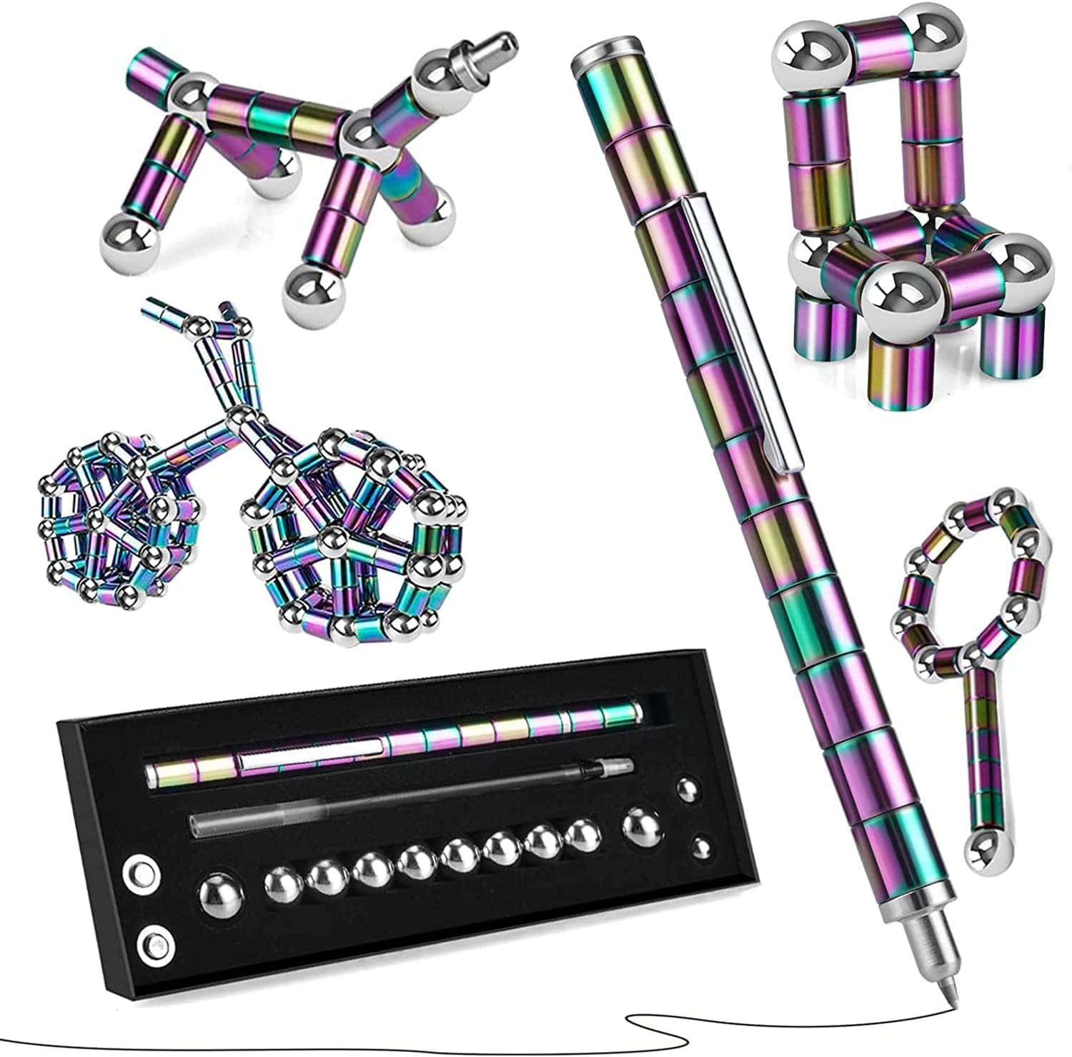 Boncty magnetic fidget pen front view showcasing the rainbow metal finish and detached modular rings.
