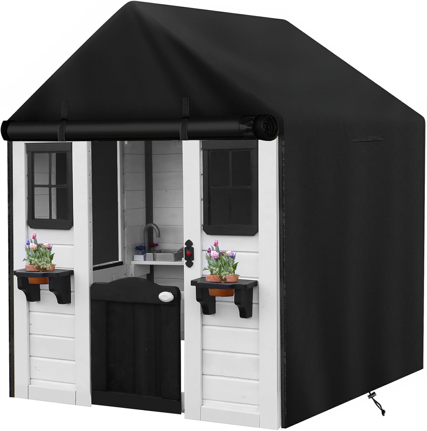 Tonhui outdoor kids playhouse cover front view on a wooden toy garden house.