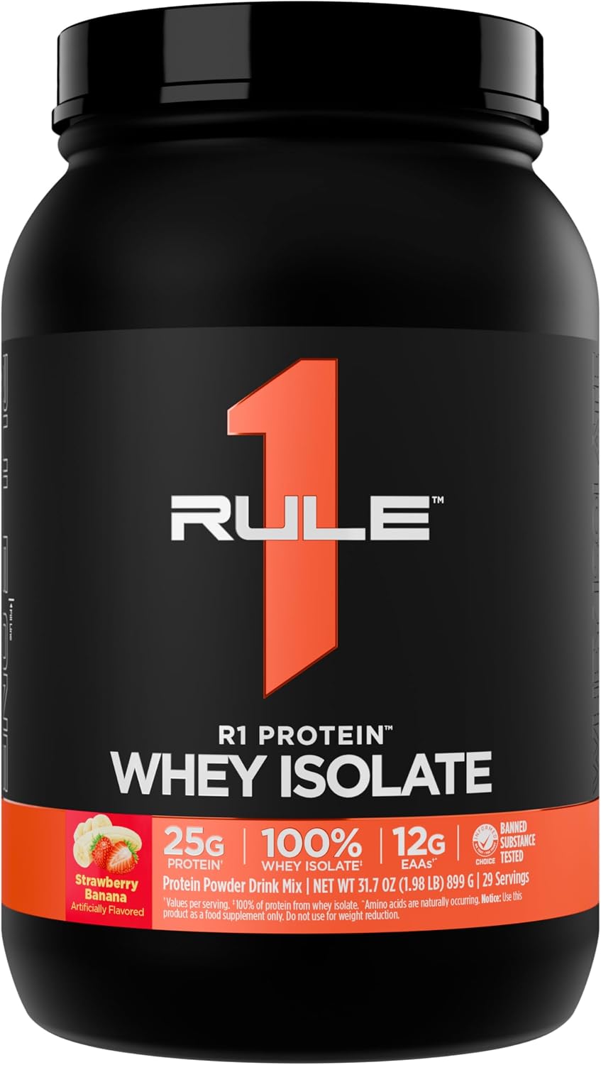 Rule One Proteins R1 Protein Strawberry Banana front view tub packaging