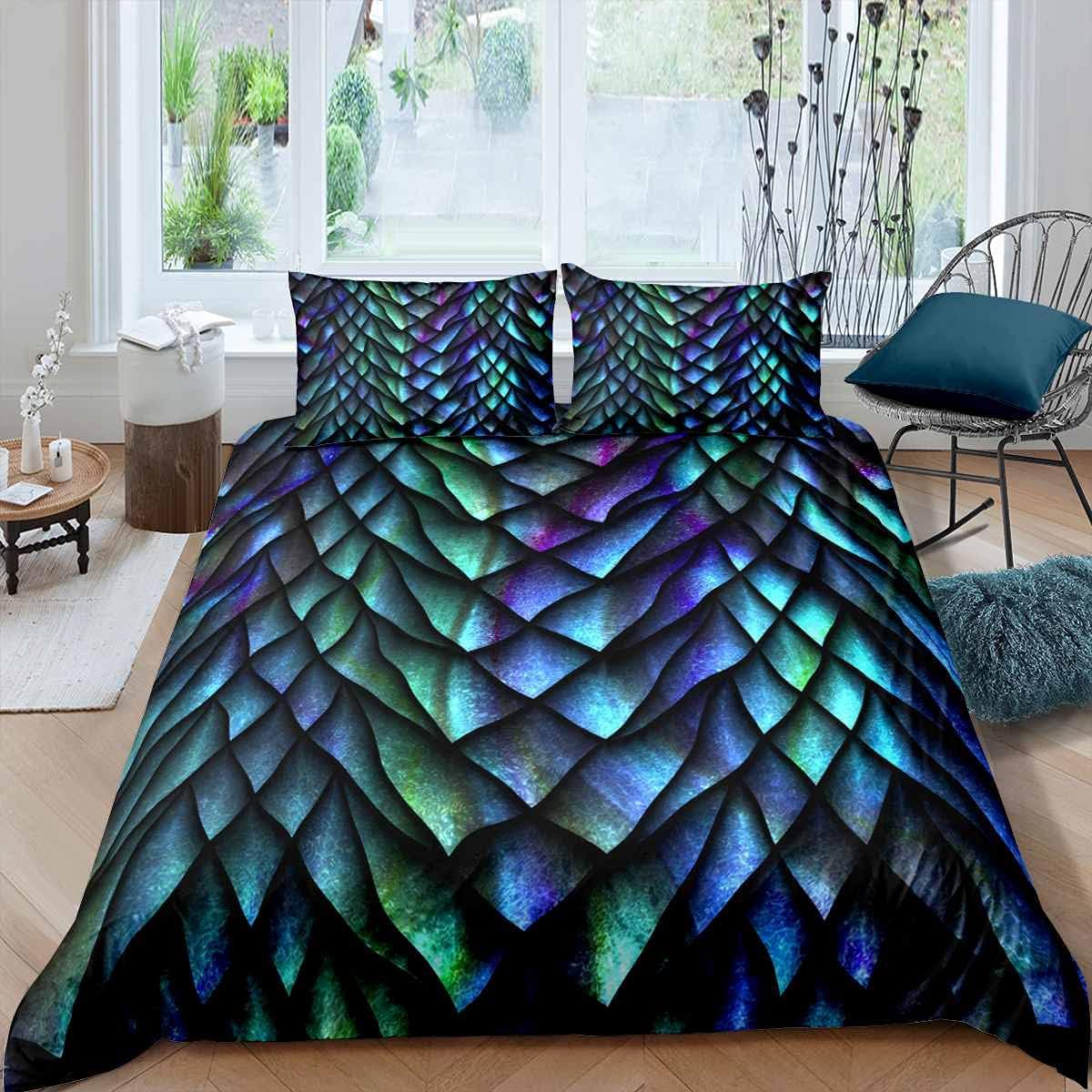 Feelyou dragon scales duvet cover front view on a twin bed