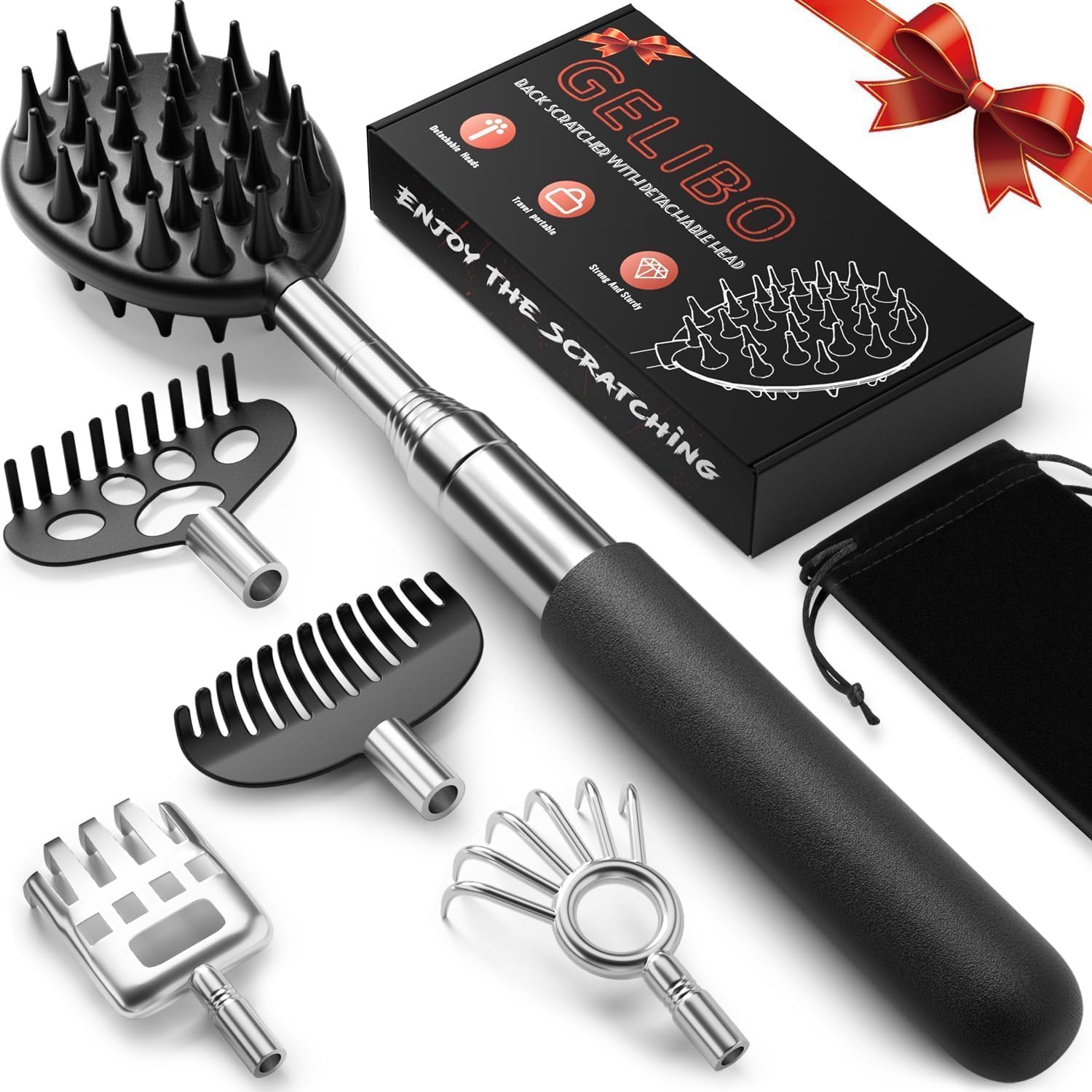 Gelibo Telescoping Large Back Scratcher front view with premium packaging box for premium imported gifts.