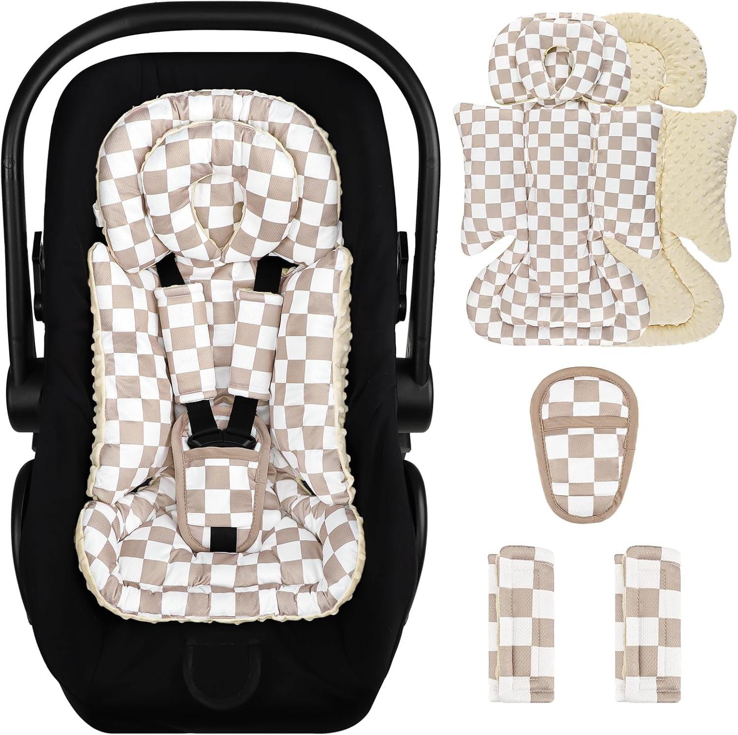 DILIMI infant car seat insert front view showing coffee lattice checkered pattern.