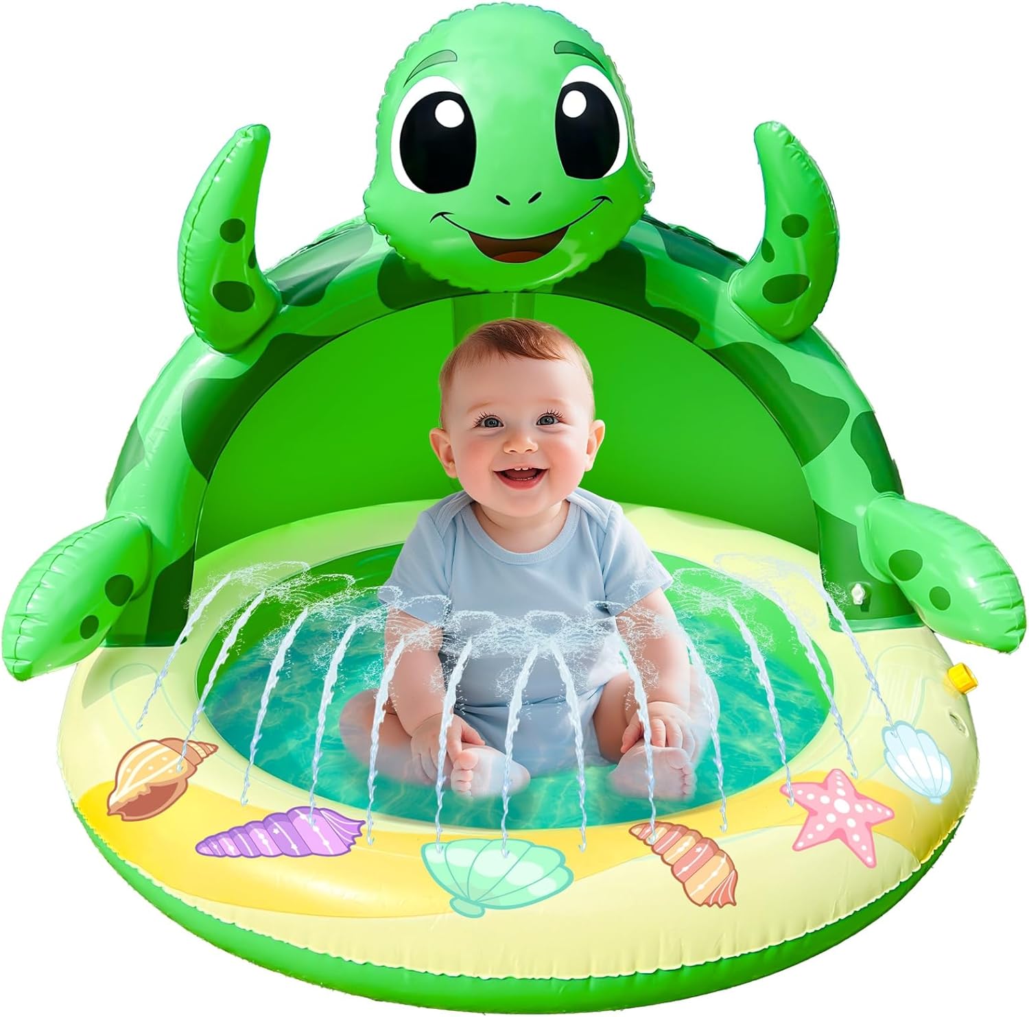 AMENON inflatable sea turtle baby pool sprinkler front view showcasing the green turtle design and canopy.