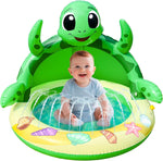 AMENON inflatable sea turtle baby pool sprinkler front view showcasing the green turtle design and canopy.
