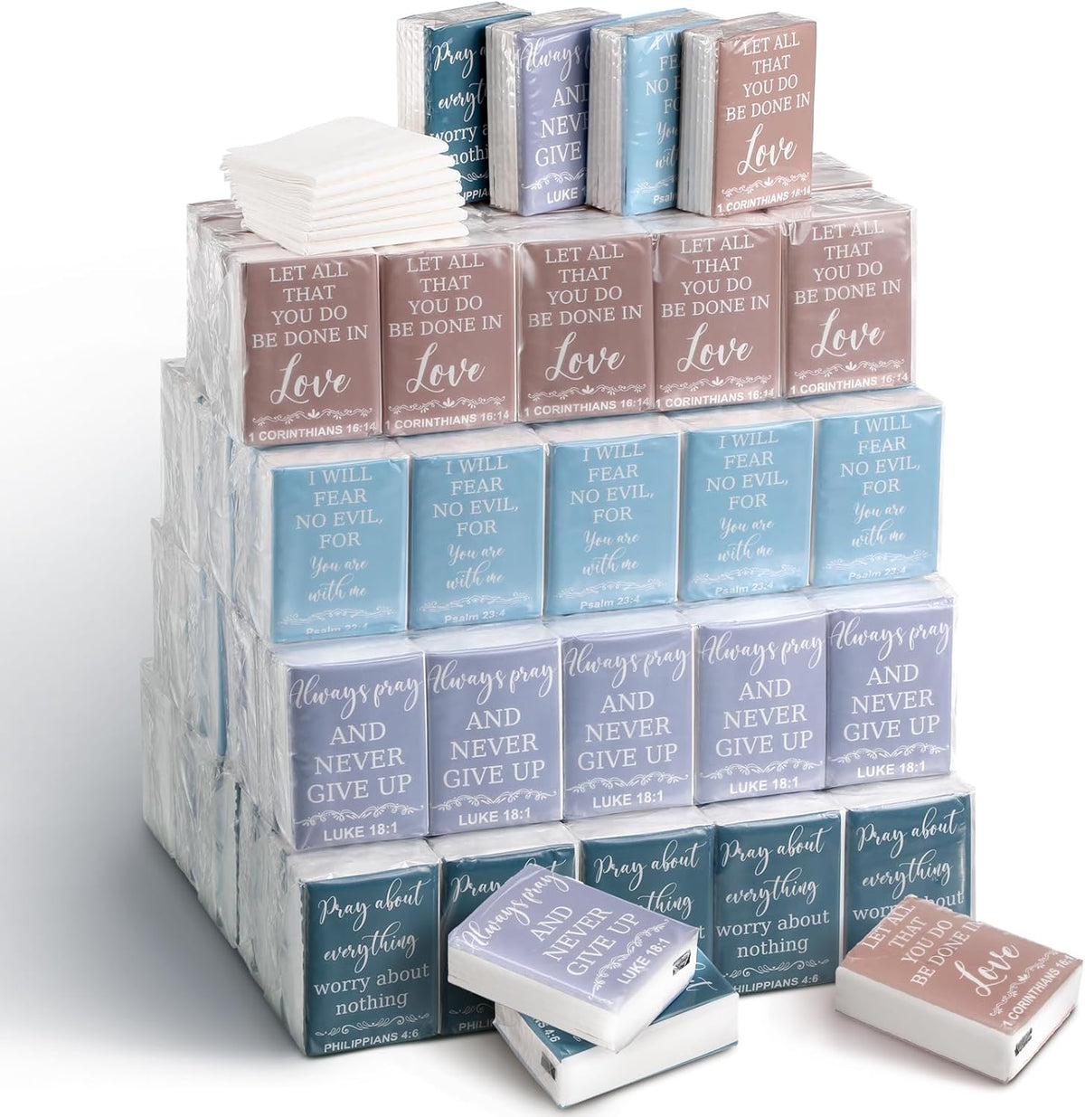 Seajan Christian Travel Tissues 120 pack front view showcasing various colorful bible verse packages