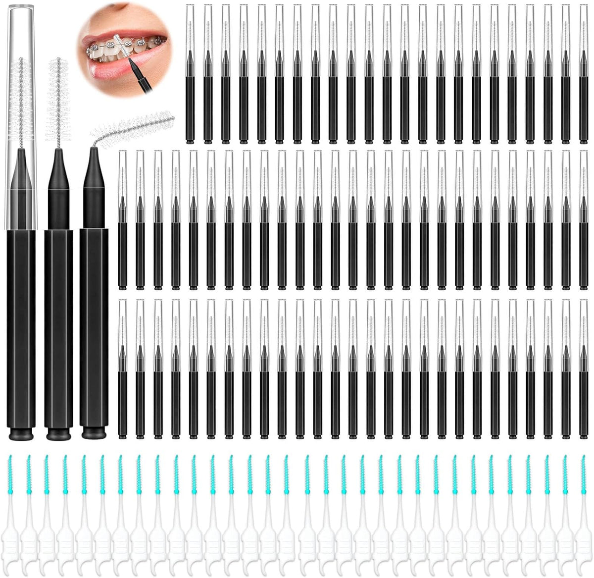 Lezmarket 300 Pieces Interdental Brushes front view showing complete black dental hygiene kit packs for daily braces cleaning