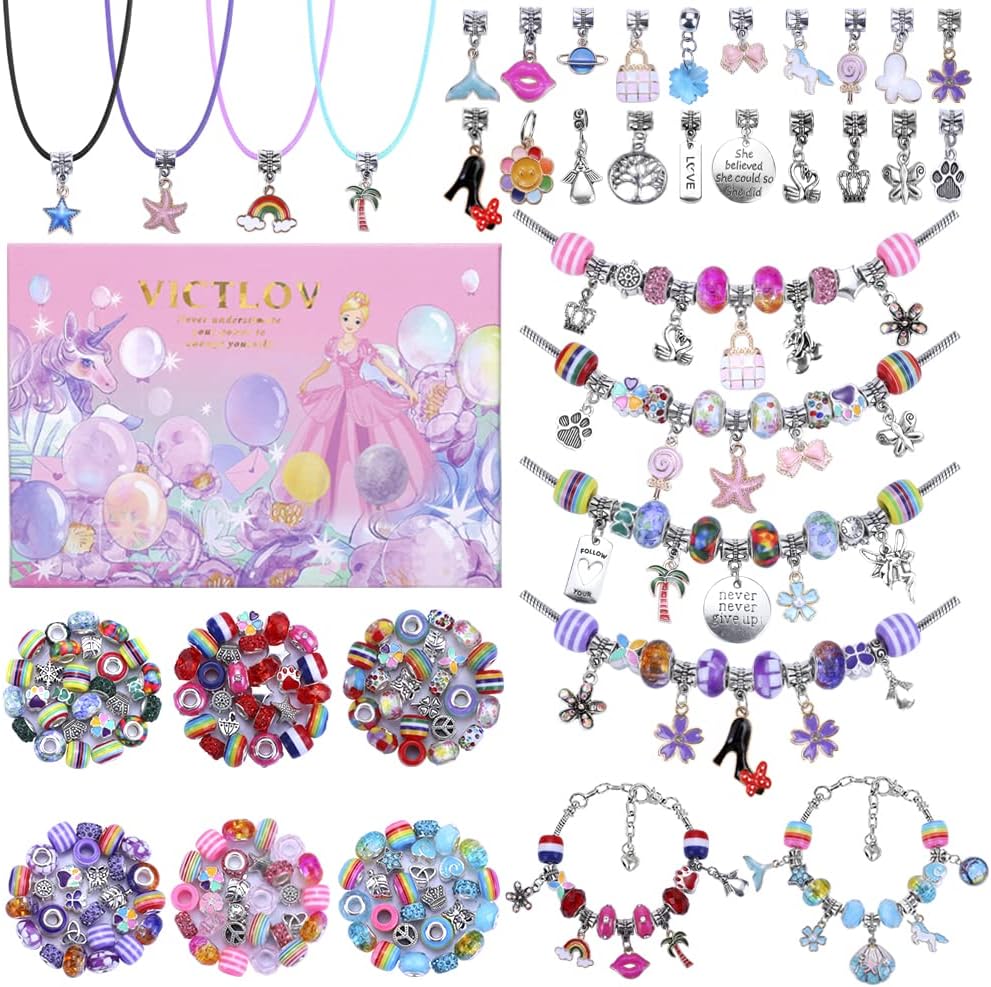 Victlov charm bracelet making kit packaged in its signature pink unicorn themed gift box front view
