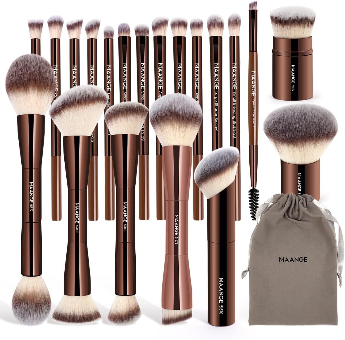MAANGE 20 Piece Foundation Makeup Brush Set front view displaying the complete coffee gold collection