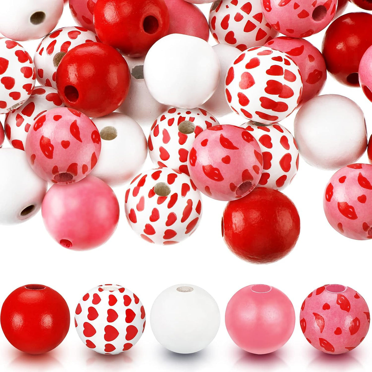 Blulu Assorted Valentines Wood Beads front view showing red pink and white colors.