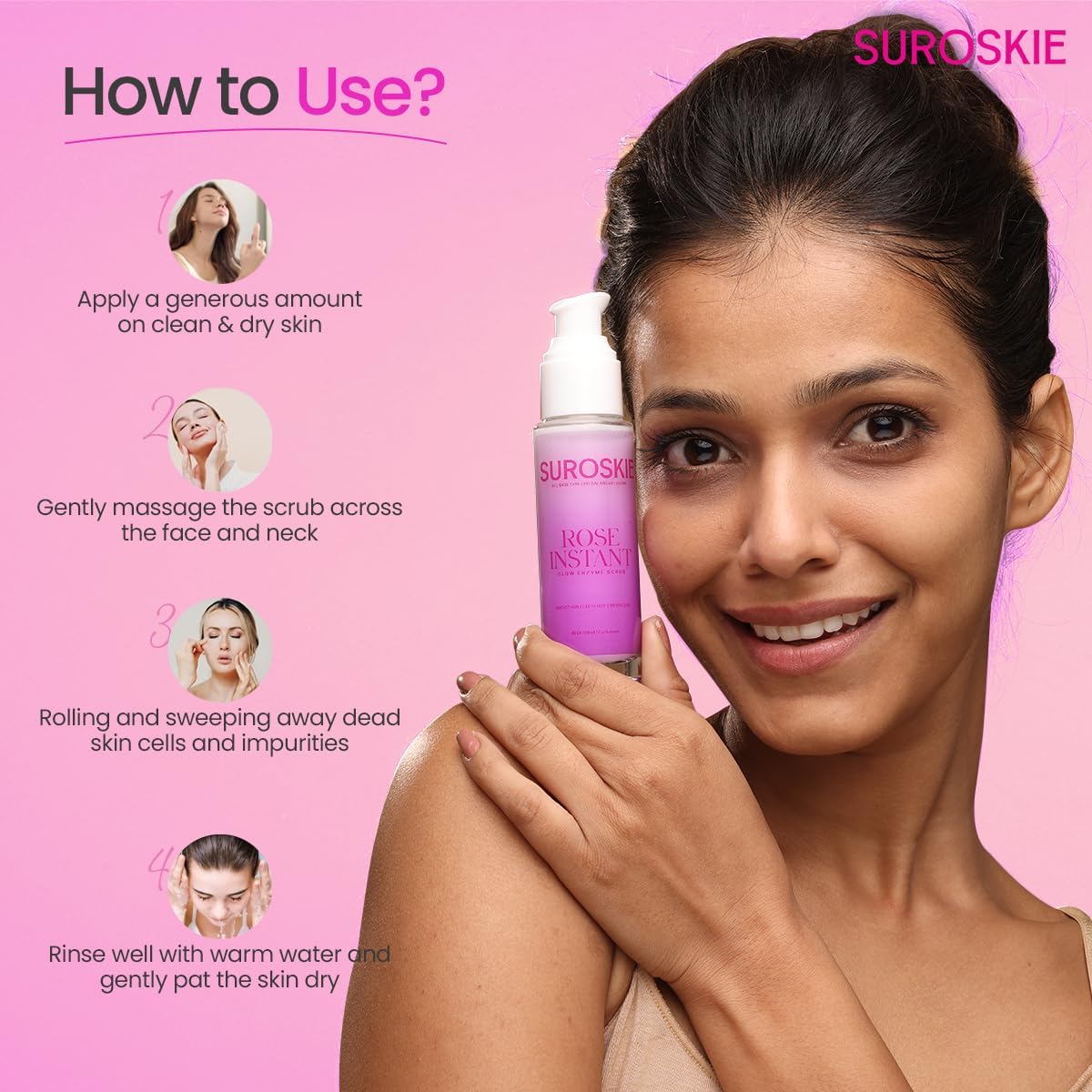 Suroskie Rose Instant Enzyme Face Scrub lifestyle glowing skin image