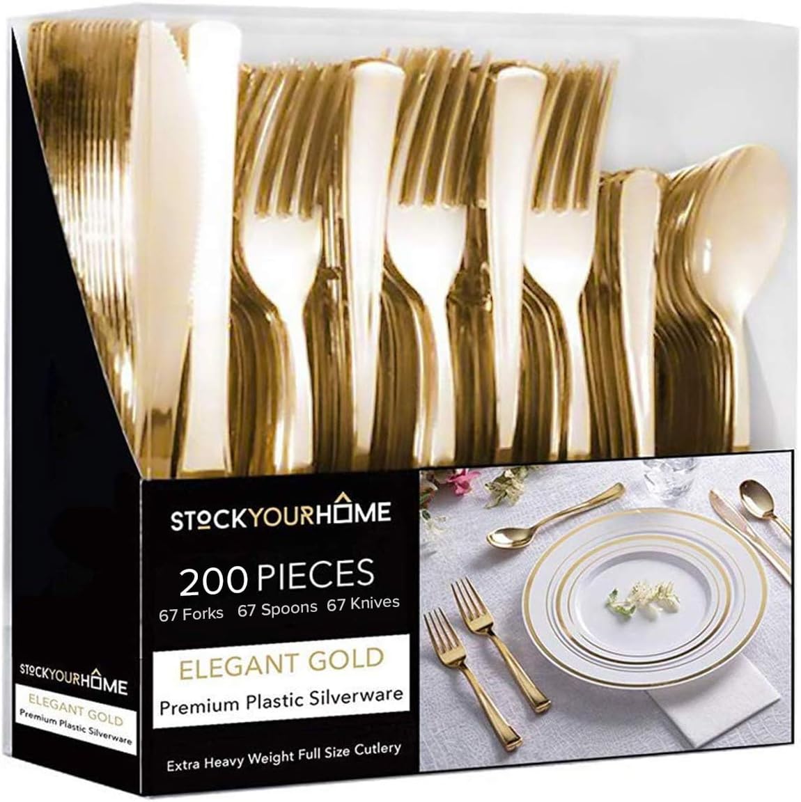 Stock Your Home gold plastic silverware set front packaging view for elegant parties
