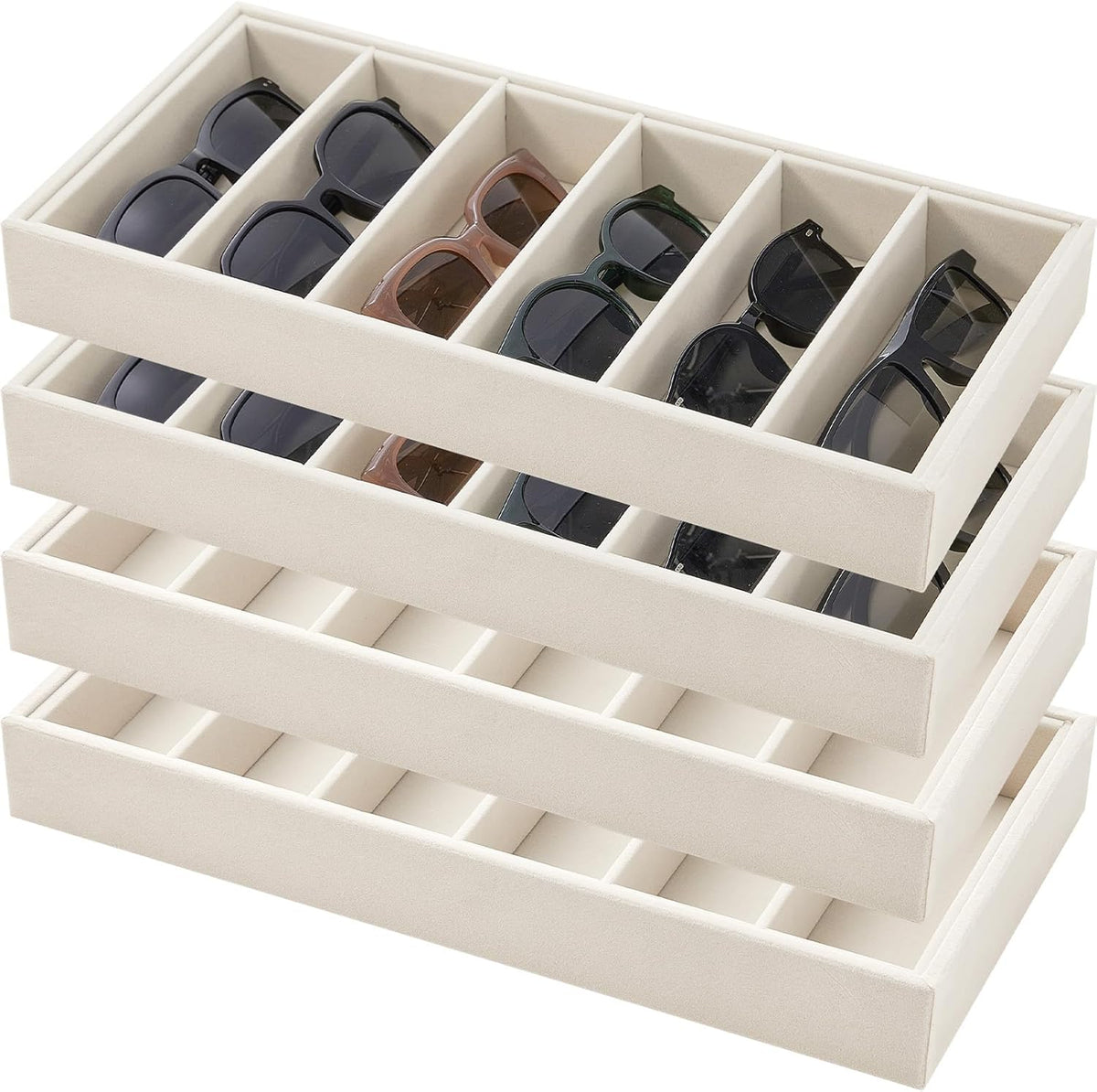 Eyewear display tray holding sunglasses and wristwatches