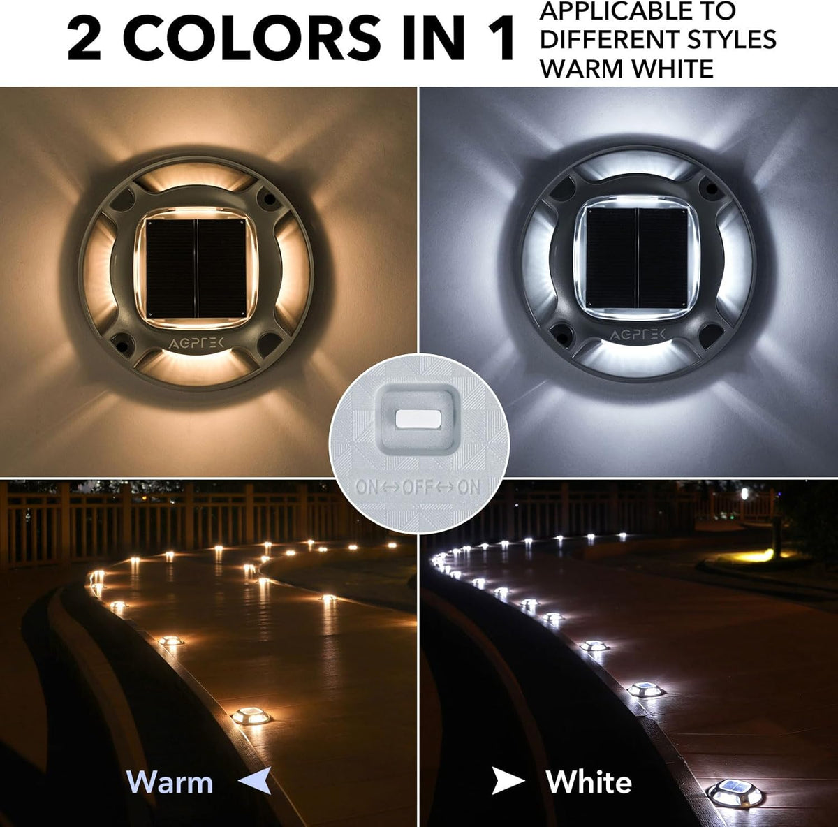 AGPTEK solar deck lights showing warm white and cool white dual color modes