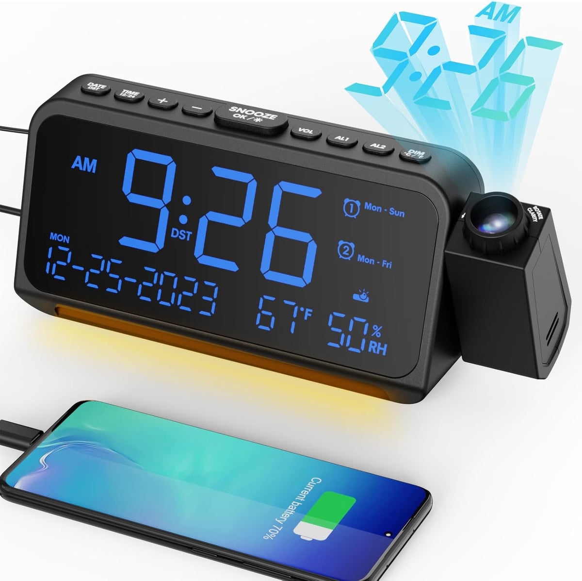 Mesqool Projection Alarm Clock Ceiling Display, with Temperature, Humidity | Dual Alarms, 5-Level Dimmer, Date, Night Light, Weekday/Weekend Mode, 12/24H, DST, , Snooze, 180 degrees Rotatable, for Bedroom - Image 11