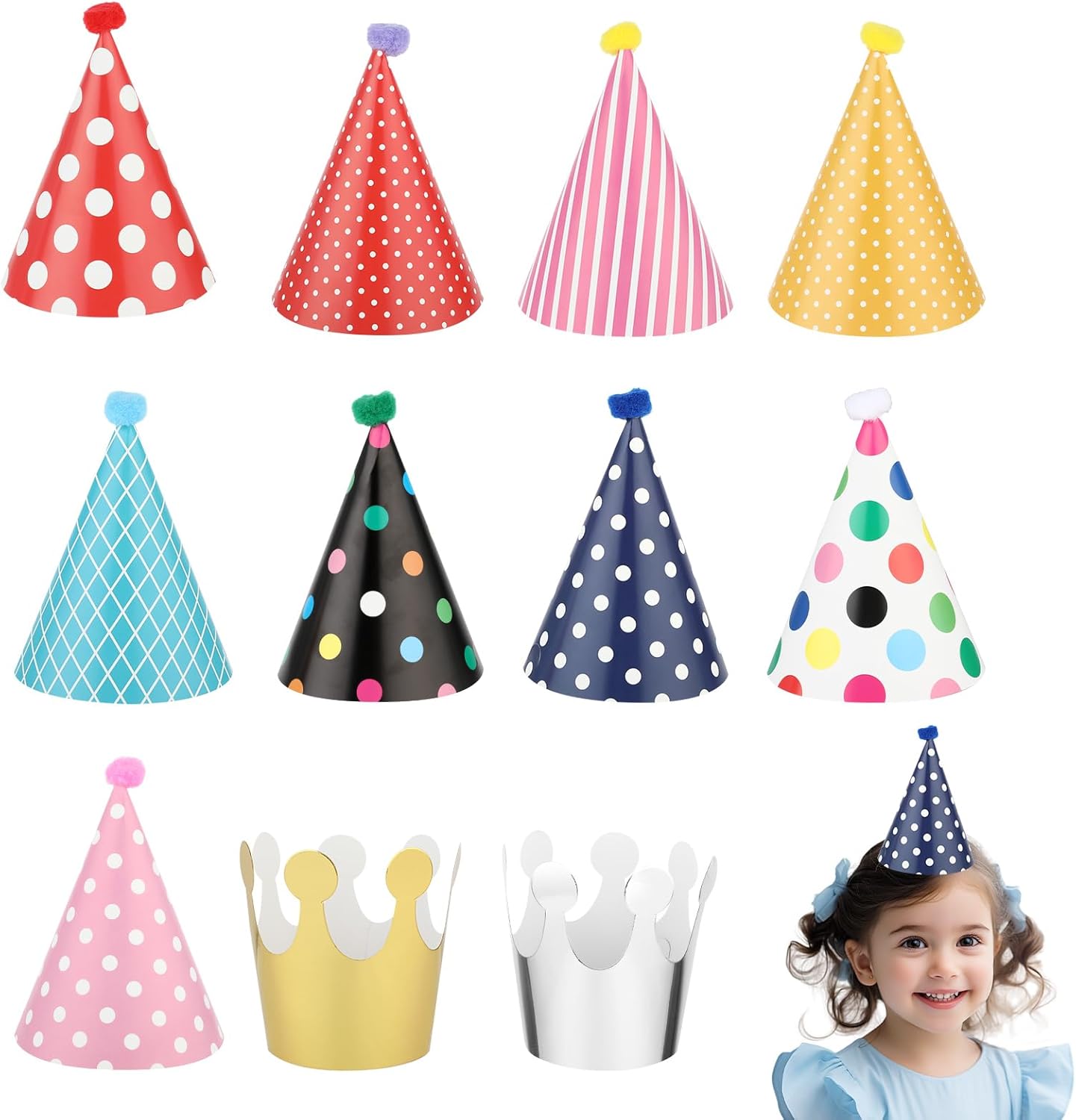 Thinp 11 Pieces Adorable Party Hats Set front view showing nine patterned cone hats and two paper crowns.