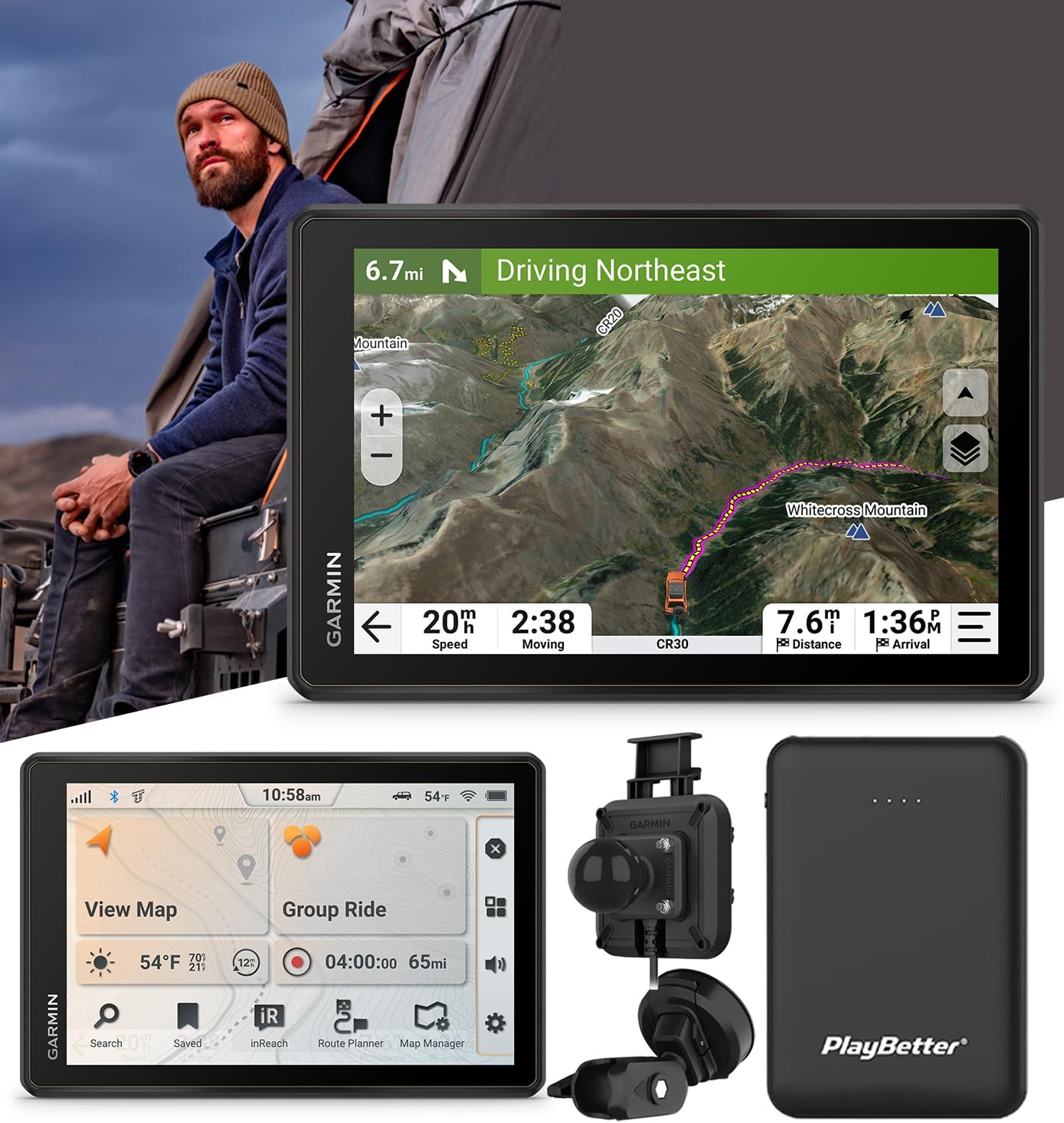 PlayBetter Garmin Tread 2 Overland GPS Navigator Bundle front view displaying high-definition topographical trail maps.