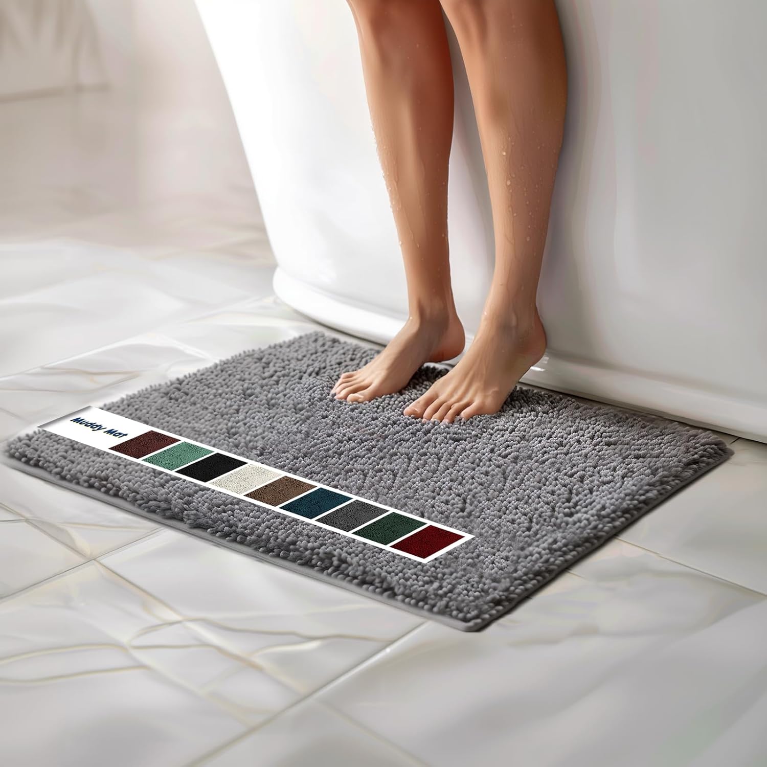 Muddy Mat grey chenille microfiber bathroom rug front view