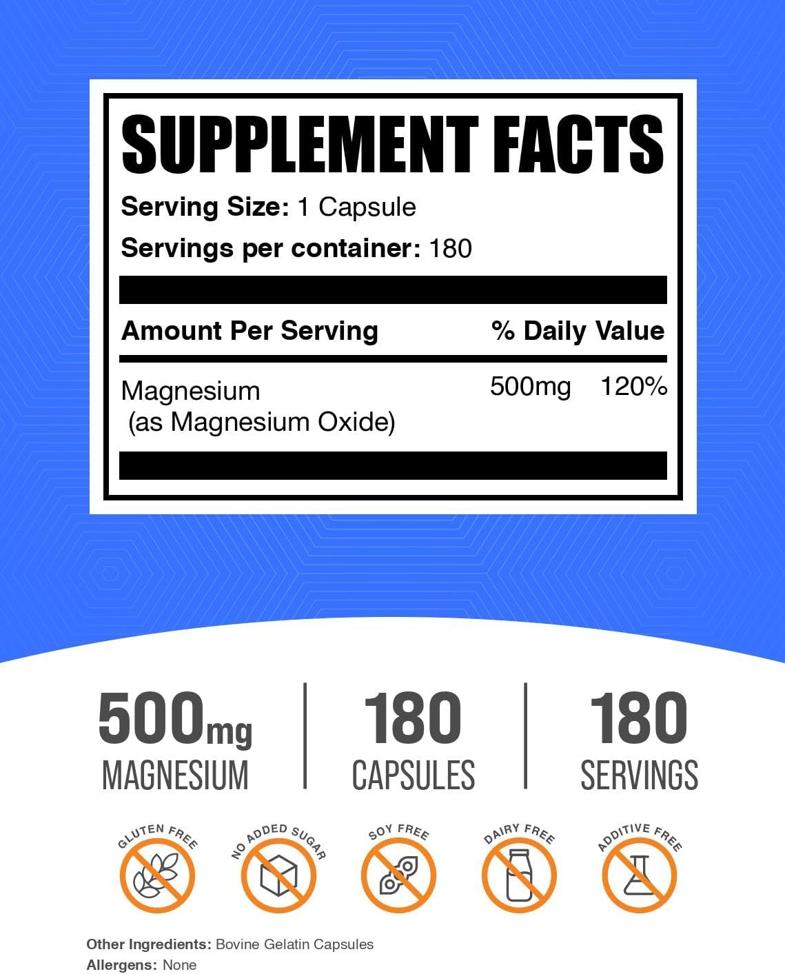 BulkSupplements Magnesium Oxide 180 capsules supplement facts nutrition label