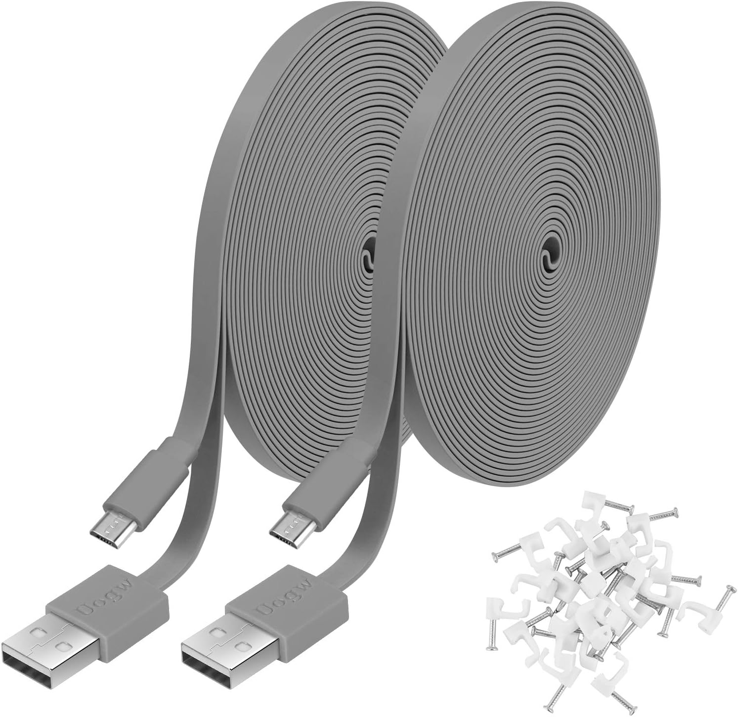 Uogw flat power extension cable front view showing two gray twenty foot cords for smart cameras.