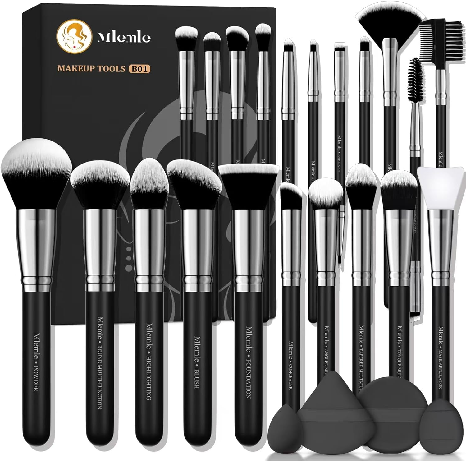 Mlemle professional 25 piece makeup brush set front view in black box