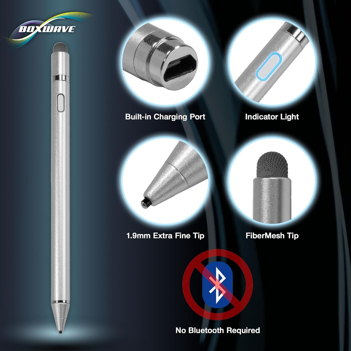 BoxWave metallic silver stylus pen charging port