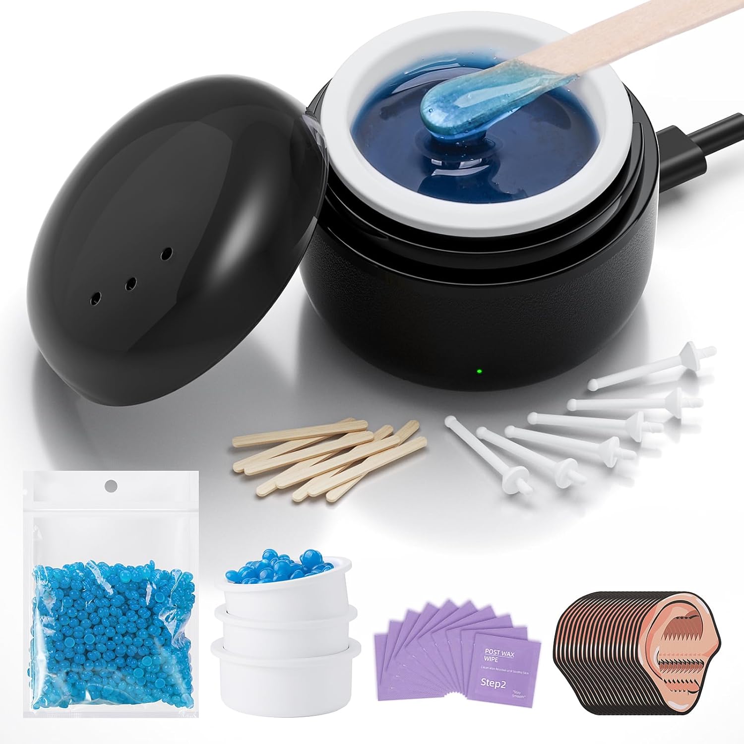 Azang Nose Wax Kit front view of portable black USB wax warmer with blue hard wax beads